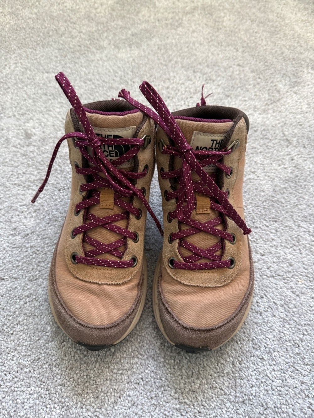 The North Face Tan and Burgundy Kids Hiking Boots